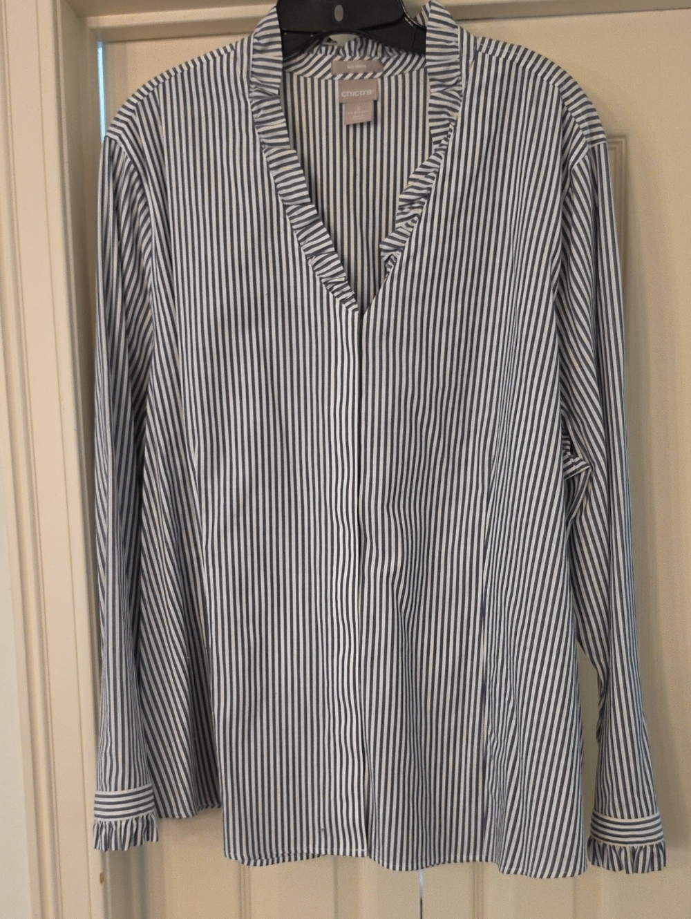 Chico's Blue & White Striped V-Neck Blouse